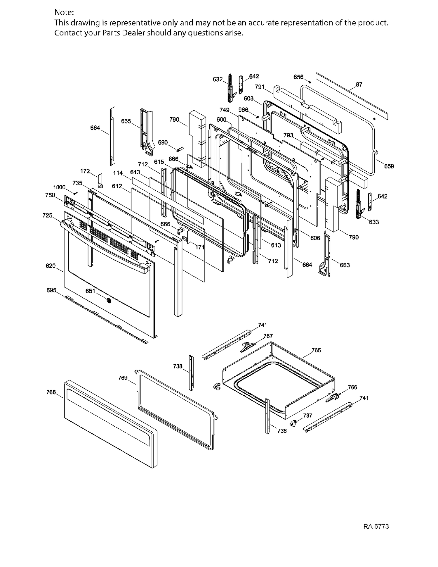 DOOR & DRAWER Diagram and Parts List for JCB630EK1ES  General Electric Range