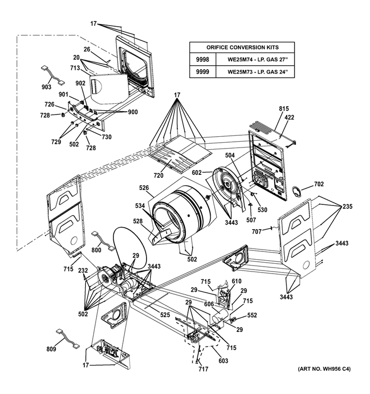 Cabinet Diagram and Parts List for GTUP270GM5WW  General Electric Washer Dryer Combo
