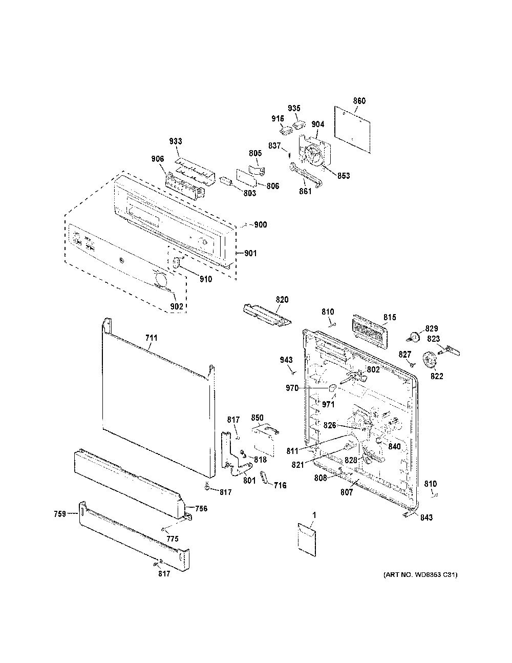 Escutcheon & door assembly Diagram and Parts List for GSD3361K65SS  General Electric Dishwasher