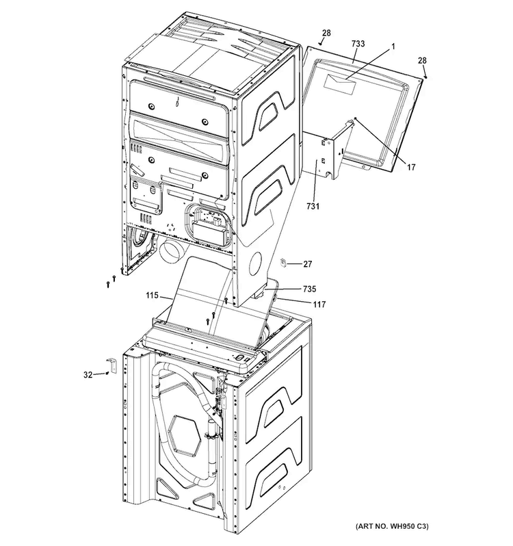 Cabinet Diagram and Parts List for GTUP240EM6WW  General Electric Washer Dryer Combo
