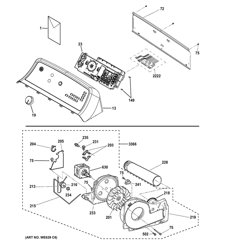 Backsplash, Blower & Motor Assembly Diagram and Parts List for GTX60GBSJ0WS  General Electric Dryer