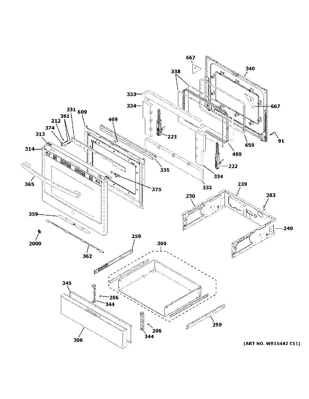 Door And Drawer Parts Diagram and Parts List for P2B935YP2FS  General Electric Range