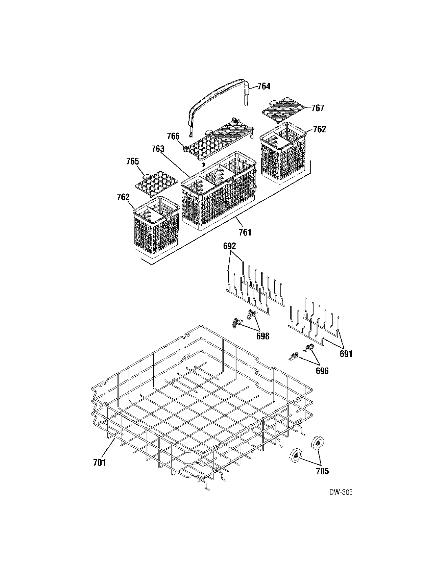 LOWER RACK Diagram and Parts List for PDW7712J01BB  General Electric Dishwasher