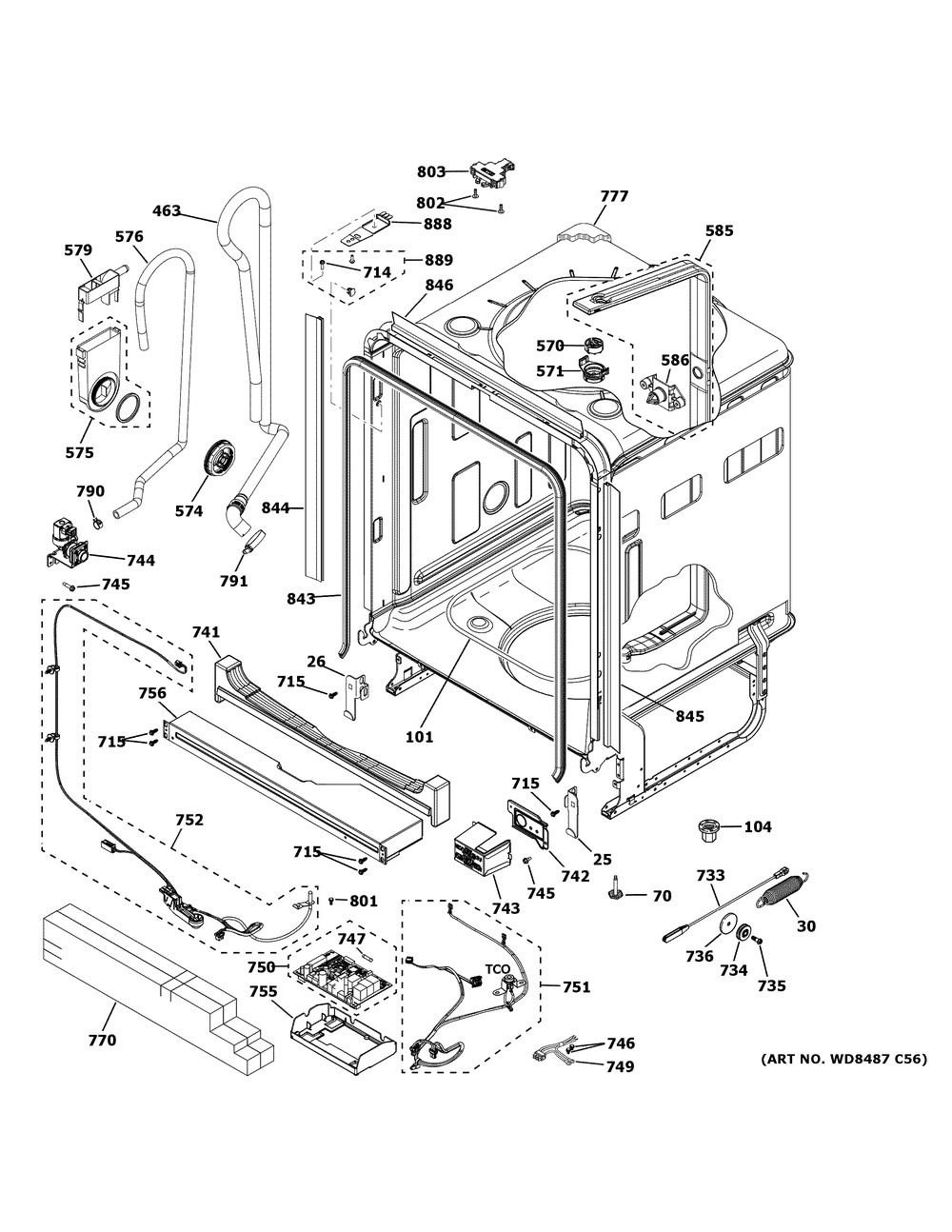 Body Parts 1 Diagram and Parts List for GDT665SFN0DS  General Electric Dishwasher