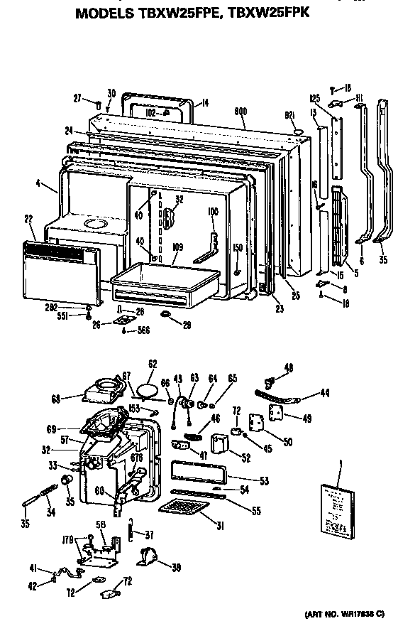Freezer Door Diagram and Parts List for TBXW25FPERWH  General Electric Refrigerator