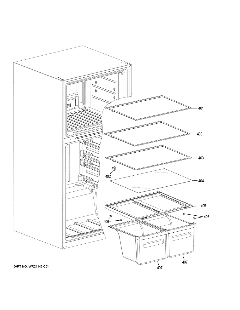 Shelves & Drawers Diagram and Parts List for GTS21FMKCES  General Electric Refrigerator