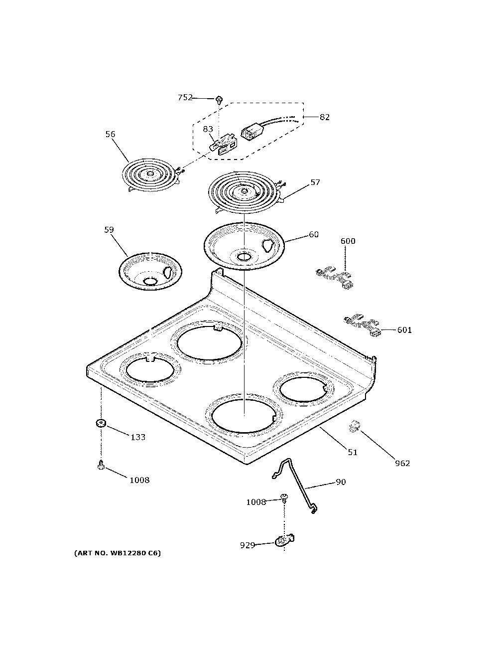 Cooktop Diagram and Parts List for JB258DM2WW  General Electric Range