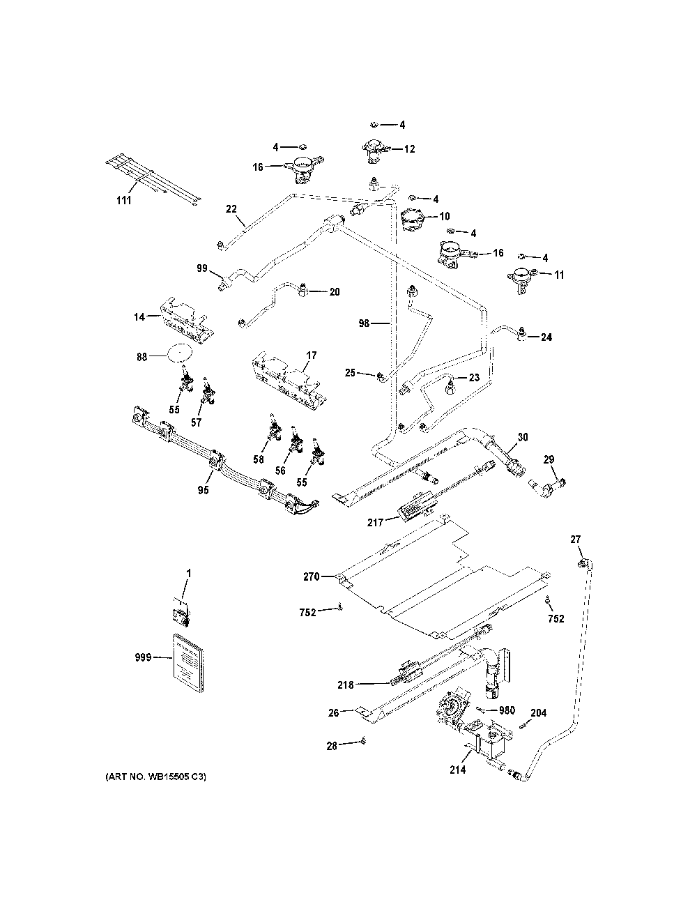 Gas & burner parts Diagram and Parts List for JGSS66SEL3SS  General Electric Range