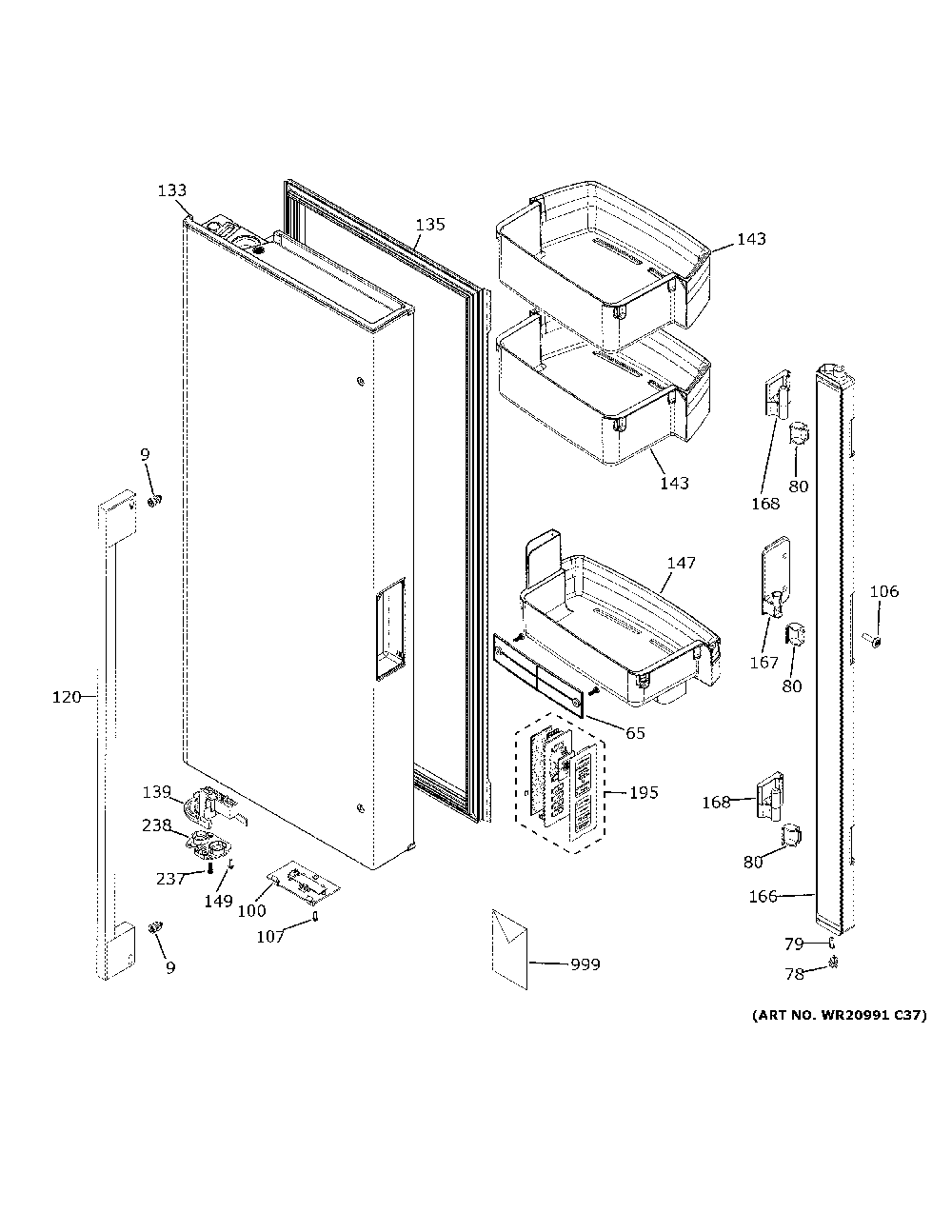 Fresh Food Door - Lh Diagram and Parts List for ZWE23ESNESS  General Electric Refrigerator