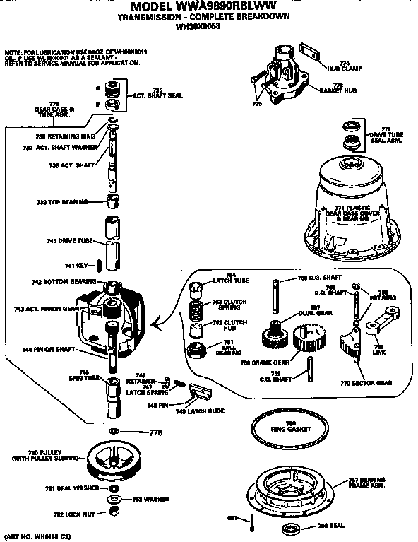Transmission Diagram and Parts List for WWA9890RBLWW  General Electric Washer