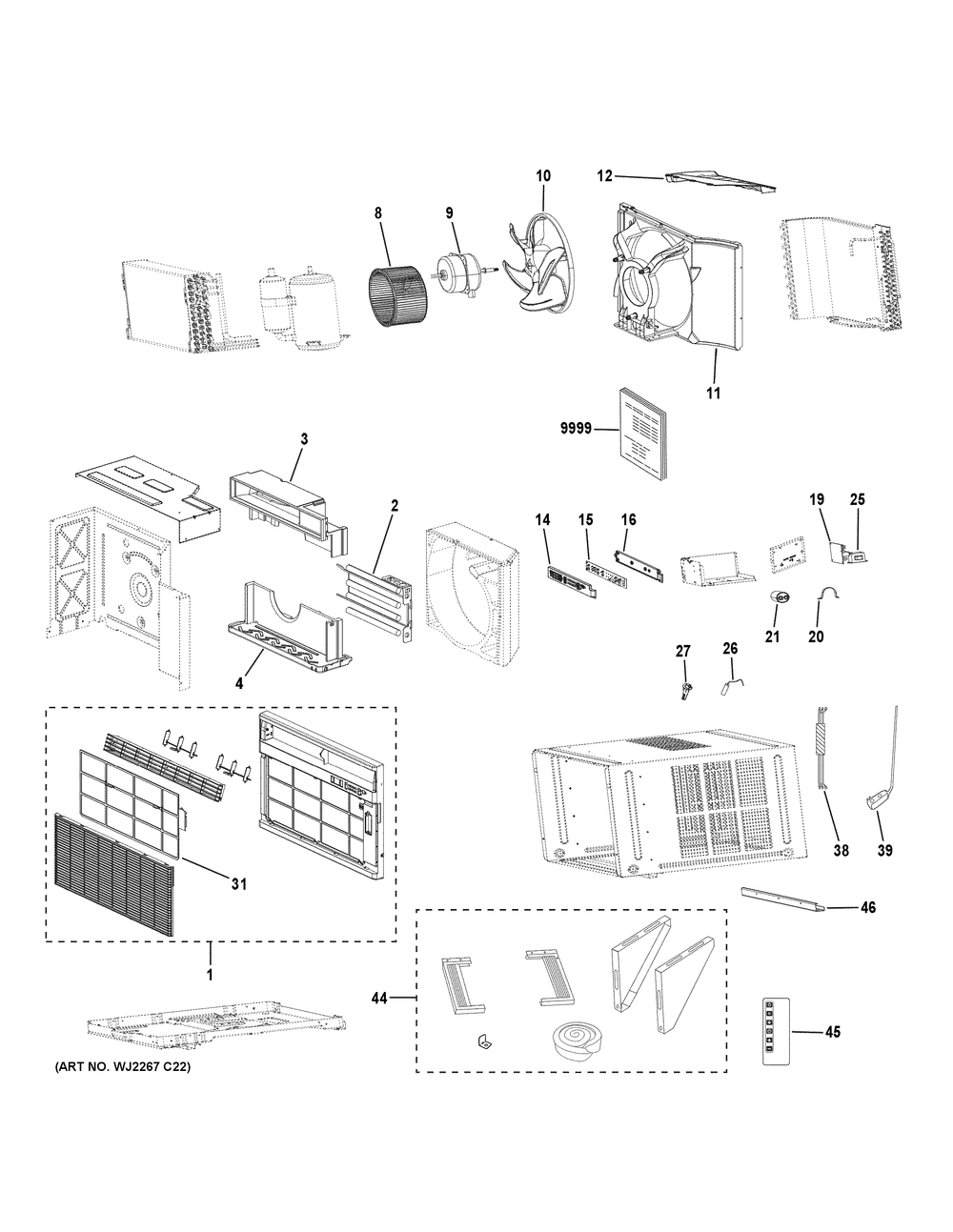Room Air Conditioner Diagram and Parts List for AWGH24WWF1  General Electric Air Conditioner