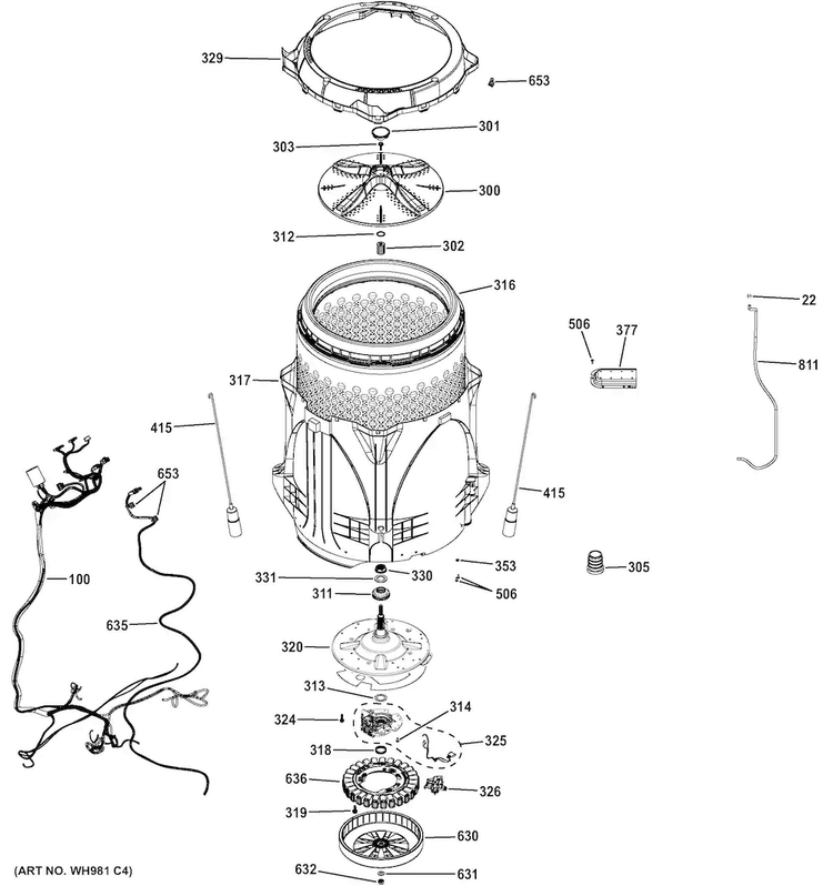 Tub & Motor Diagram and Parts List for GTWN7450H1WW  General Electric Washer