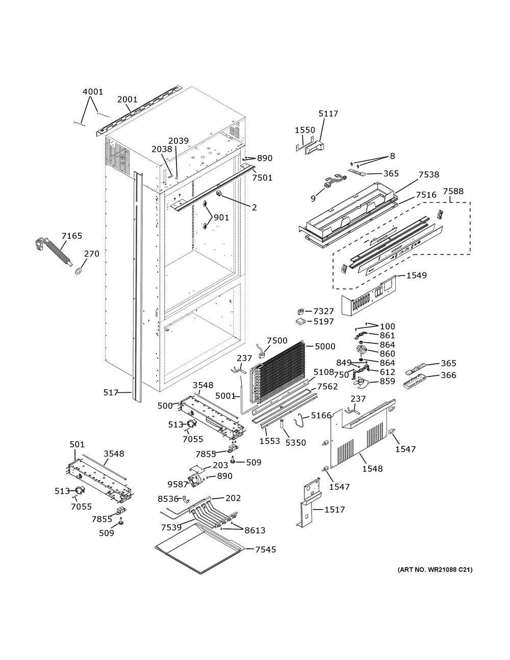 Cabinet (1) Diagram and Parts List for ZICS360NVHLH  General Electric Refrigerator