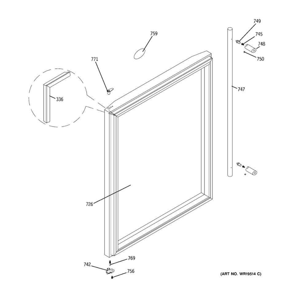 Door Diagram and Parts List for ZDWR240PABS  General Electric Wine and Beverage Cooler