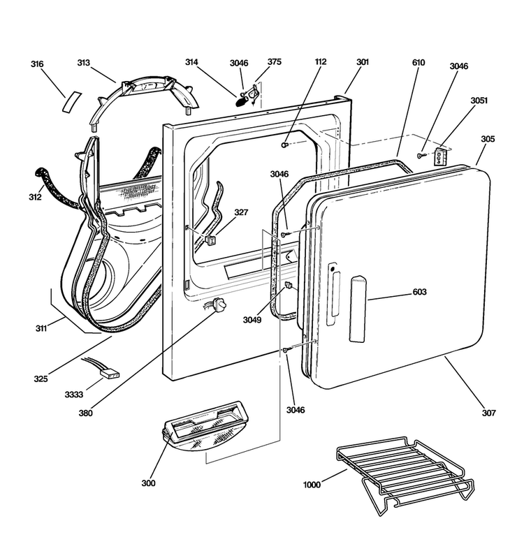 Front Panel & Door Diagram and Parts List for DNSB514EB0WW  General Electric Dryer
