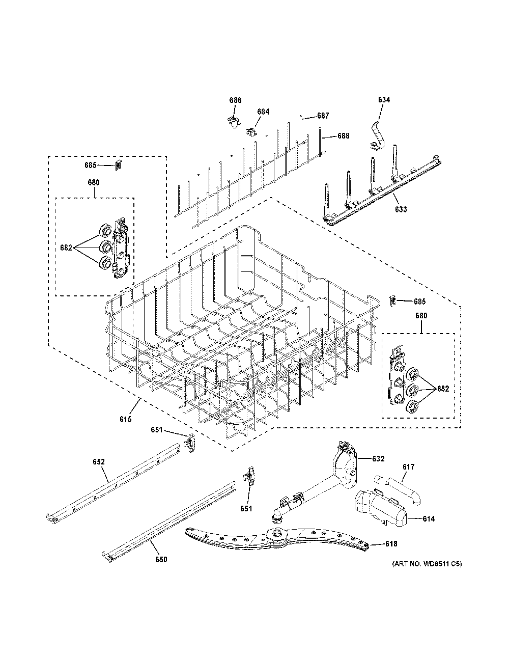 Upper Rack Assembly Diagram and Parts List for CDT800P2N5S1  General Electric Dishwasher