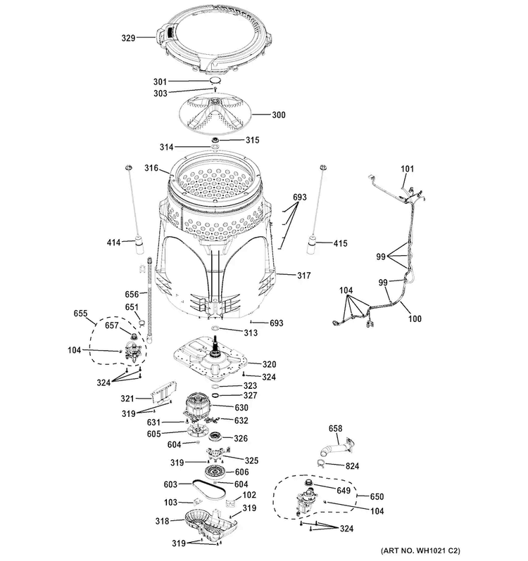 Tub & Motor Diagram and Parts List for GTW680BSJ0WS  General Electric Washer