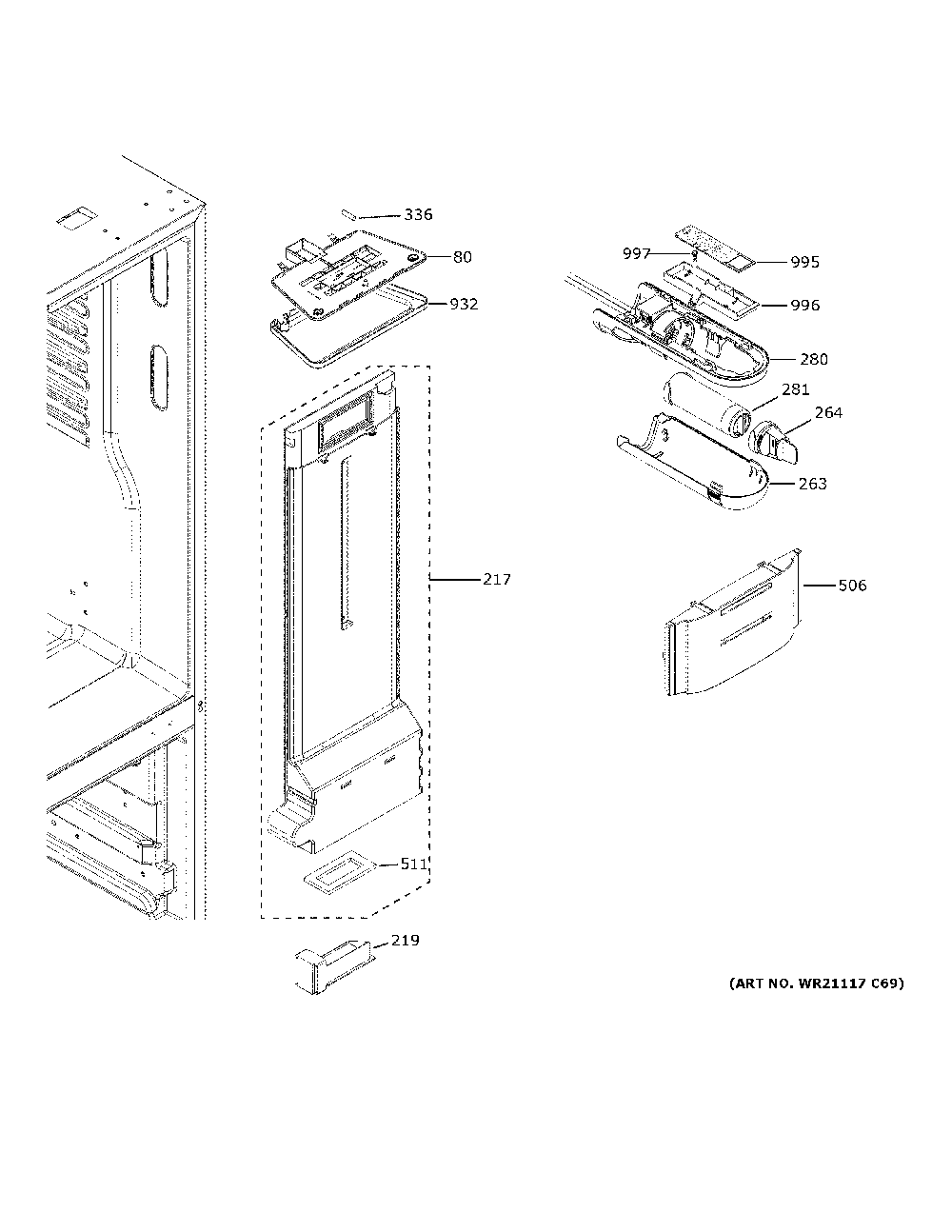 Fresh food section Diagram and Parts List for GDE21EGKNRBB  General Electric Refrigerator