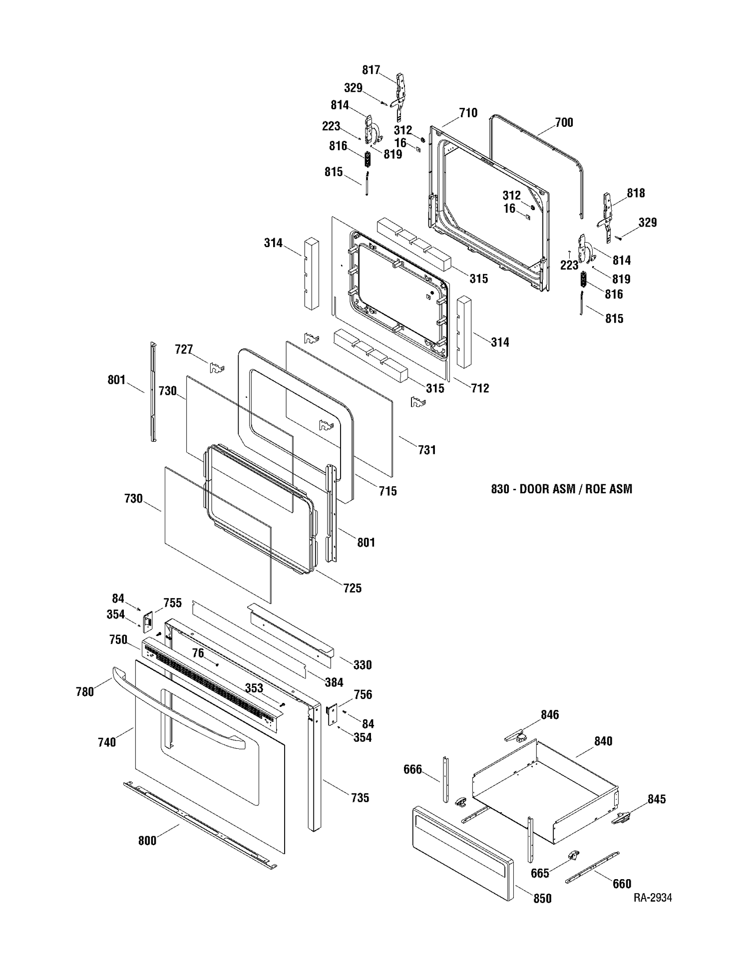 DOOR & DRAWER Diagram and Parts List for RCB757DN1WW  General Electric Range