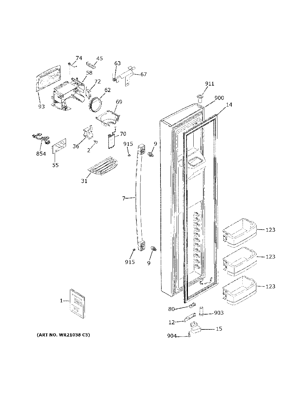 Freezer Door Diagram and Parts List for PSS28KYHECFS  General Electric Refrigerator