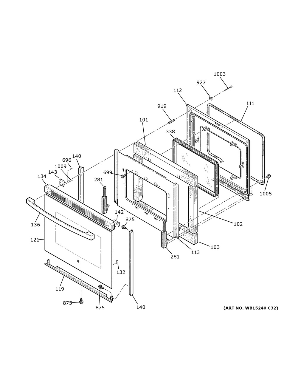 Door Diagram and Parts List for JB655DK6CC  General Electric Range