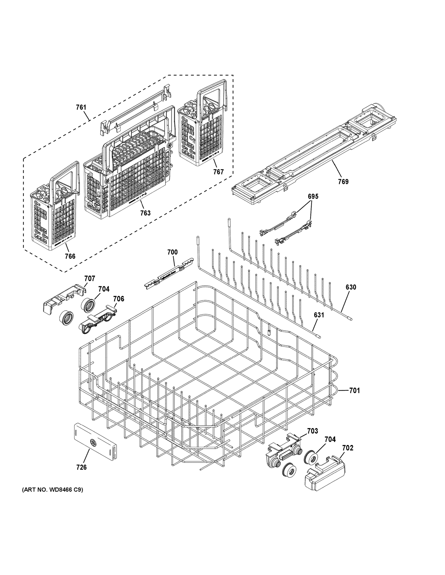 LOWER RACK ASSEMBLY Diagram and Parts List for CDT835SMJ2DS  General Electric Dishwasher