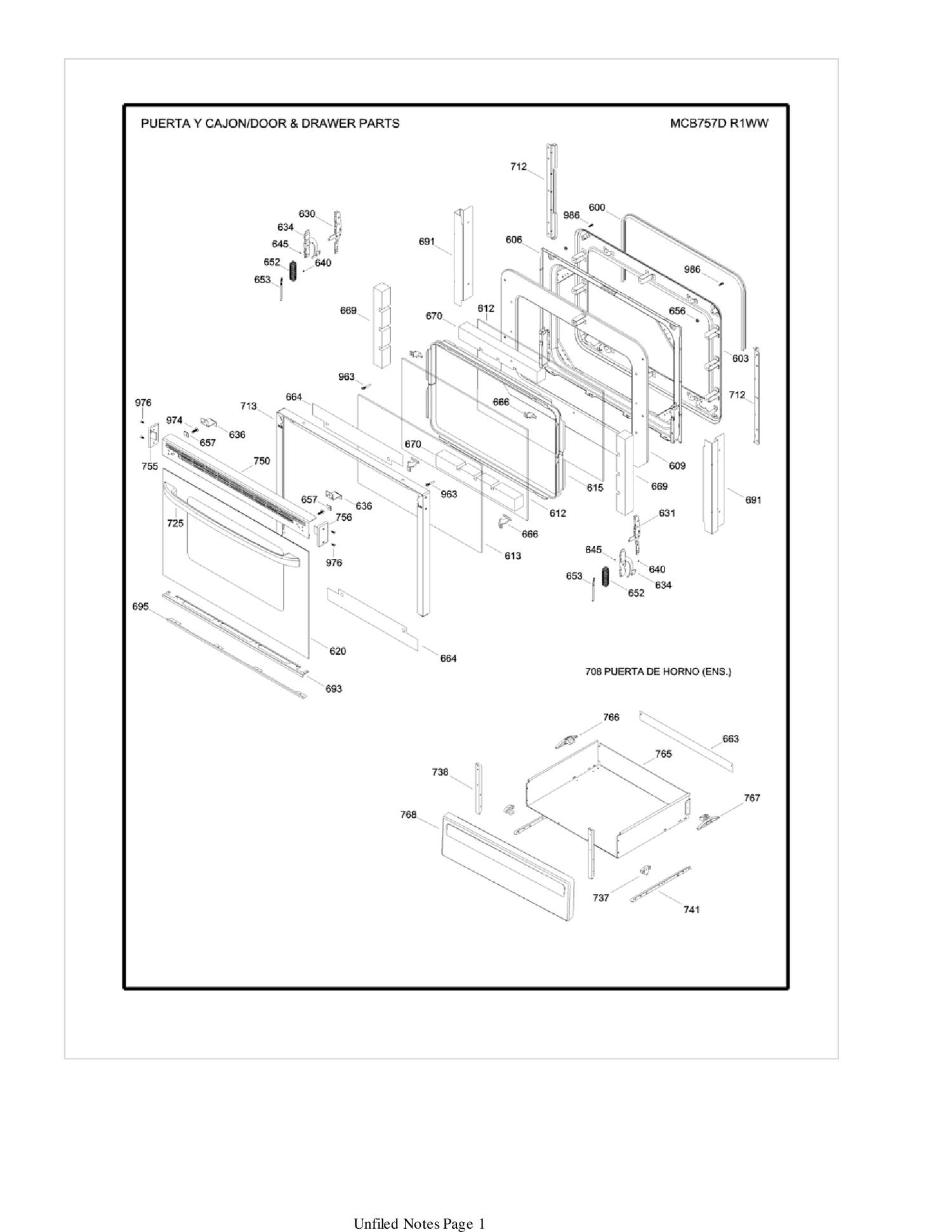 DOOR & DRAWER Diagram and Parts List for MCB757DR1WW  General Electric Range