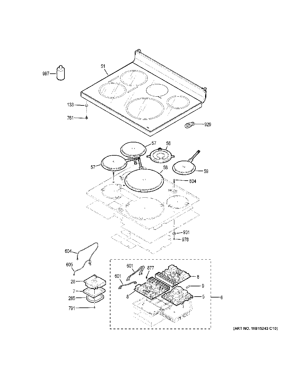 Cooktop Diagram and Parts List for PHB920FJ6DS  General Electric Range