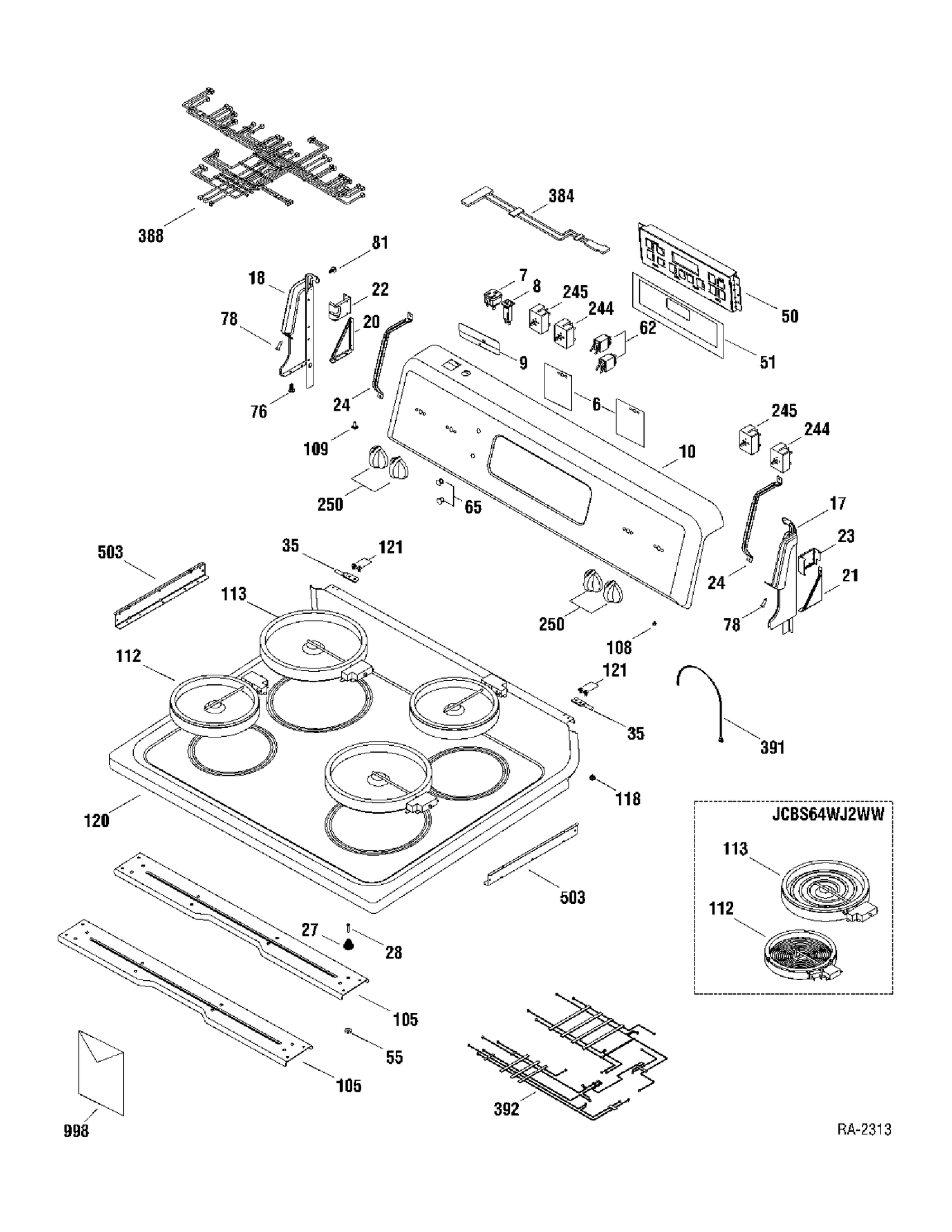 CONTROLS & COOKTOP Diagram and Parts List for JCBS64WJ2WW  General Electric Range