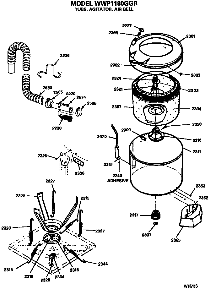 Agitator, Suspension And Air Bell Diagram and Parts List for WWP1180GGB  General Electric Washer