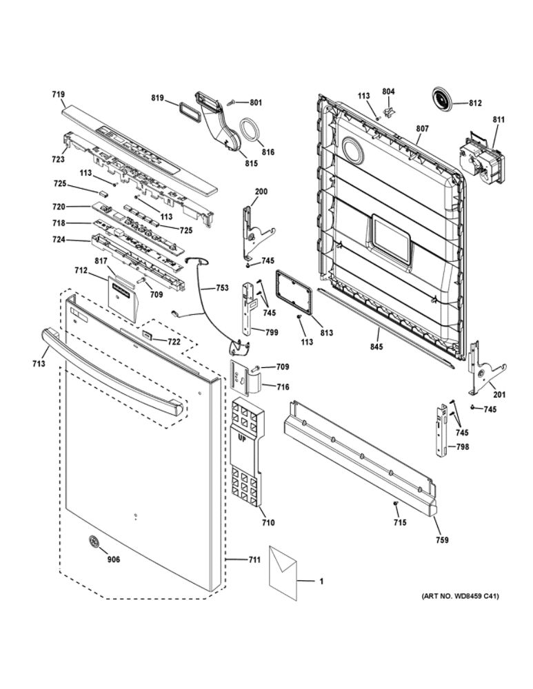 Escutcheon And Door Assembly Diagram and Parts List for GDT530PGP0BB  General Electric Dishwasher