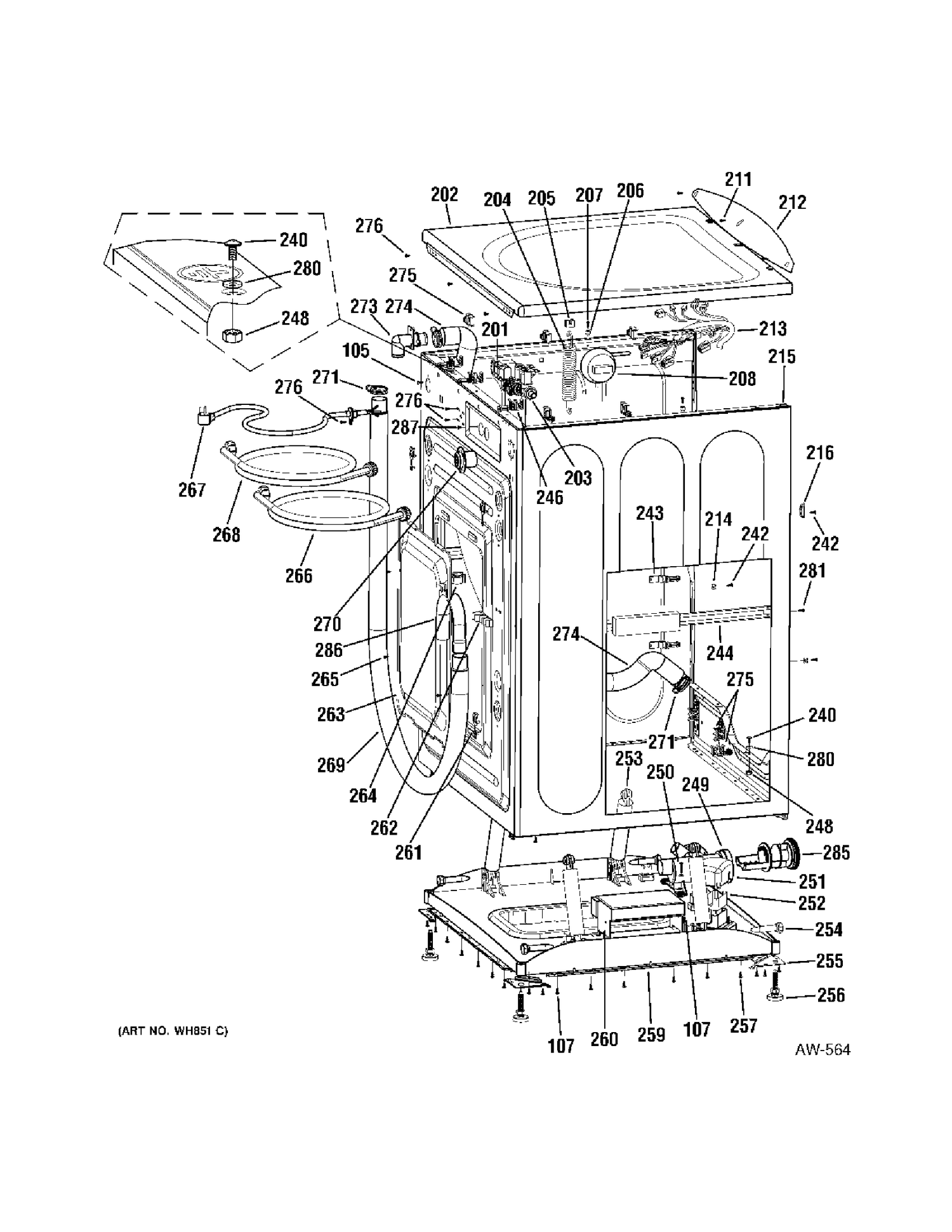 CABINET Diagram and Parts List for GCVH6260F0GG  General Electric Washer