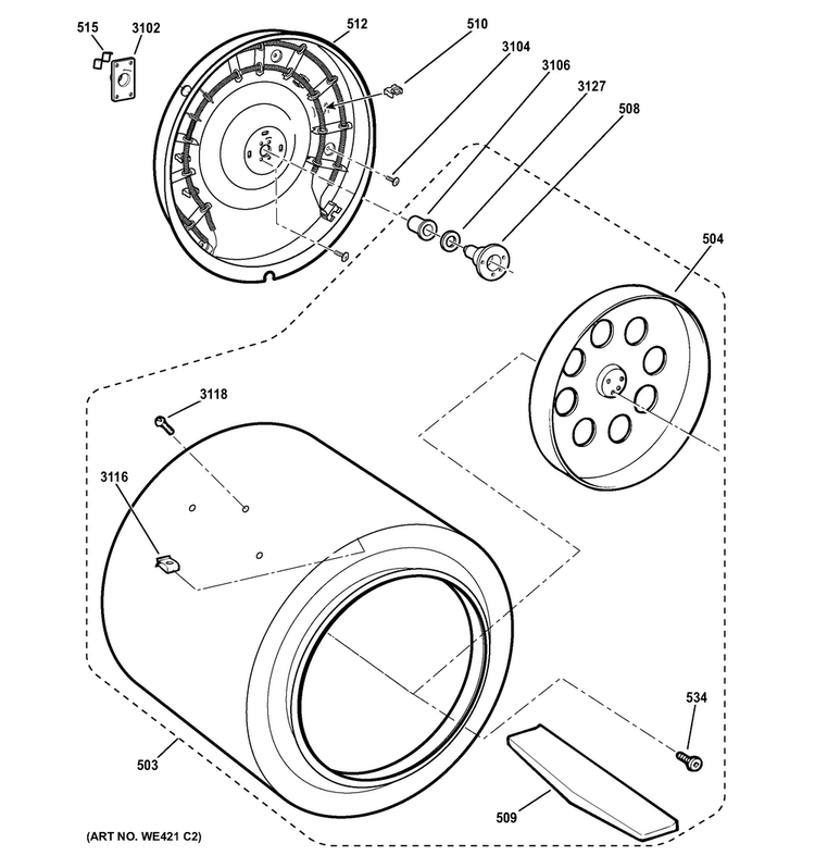 Drum Diagram and Parts List for DSKS433EB5WW  General Electric Dryer