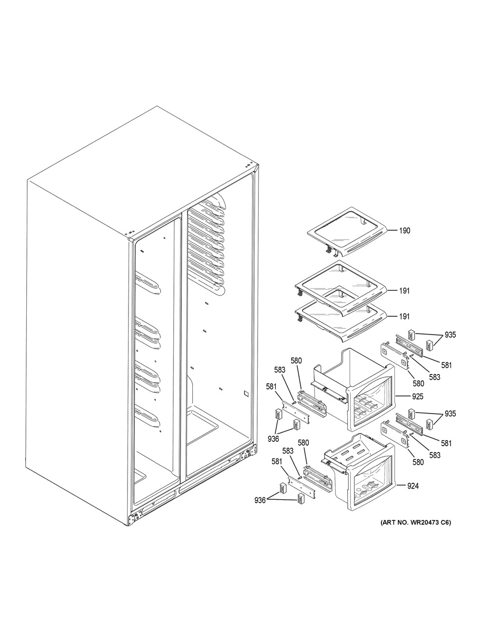 Freezer Shelves Diagram and Parts List for PZS22MSKPHSS  General Electric Refrigerator
