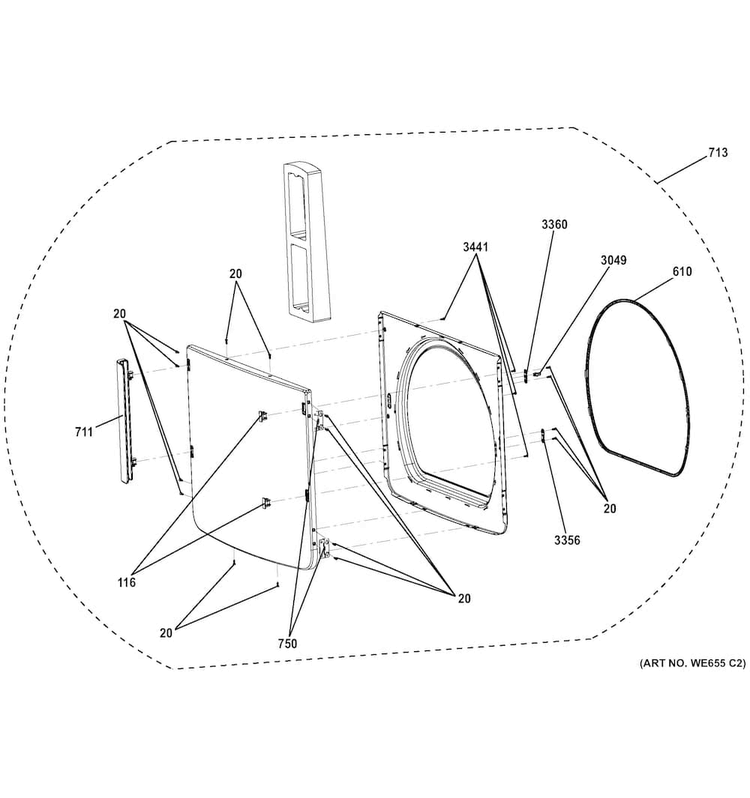 Door Assembly Diagram and Parts List for GTD81ESSJ0WS  General Electric Dryer