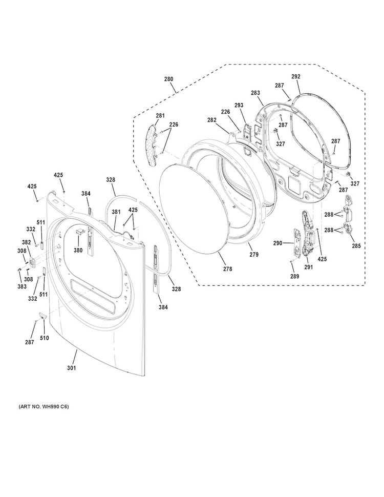 Front Panel & Door Diagram and Parts List for GFD49ERSK0WW  General Electric Dryer