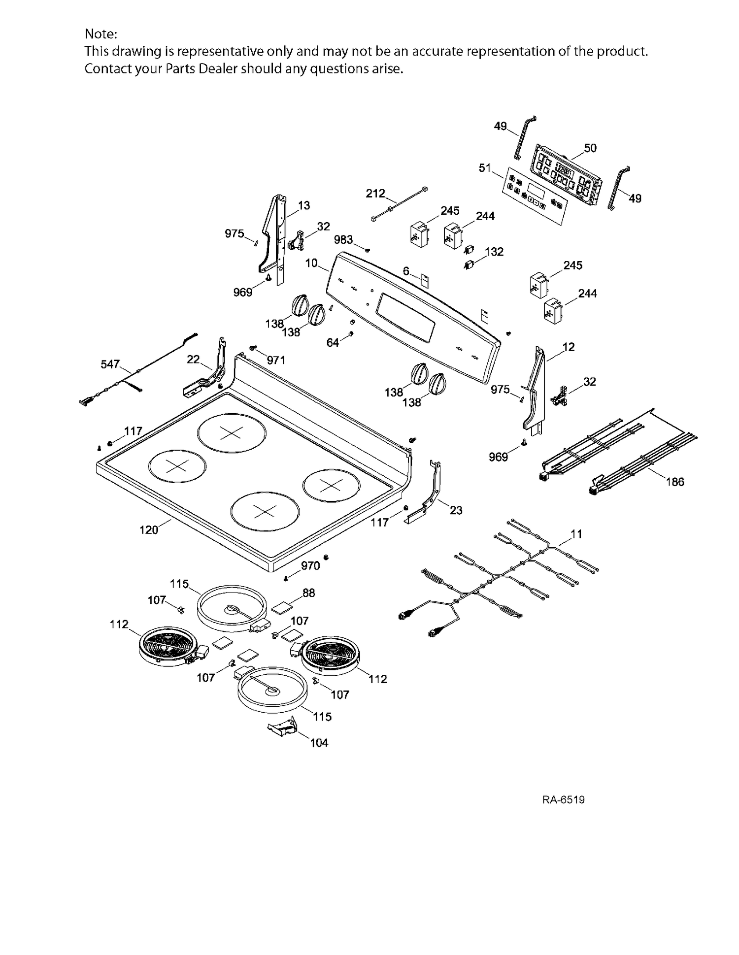CONTROL PANEL & COOKTOP Diagram and Parts List for JCB635DJ2WW  General Electric Range