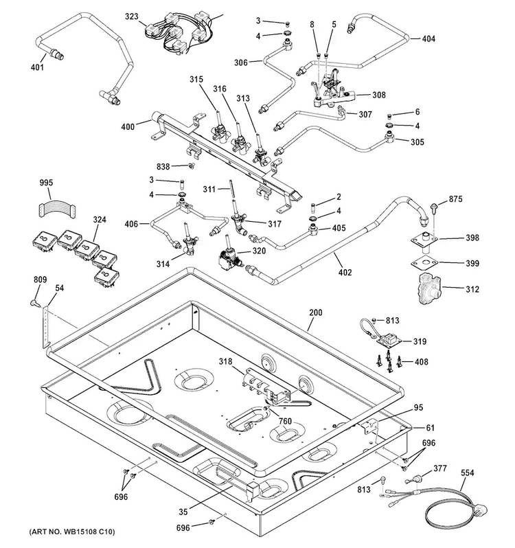 Gas & Burner Parts Diagram and Parts List for CGP650SET2SS  General Electric Cooktop
