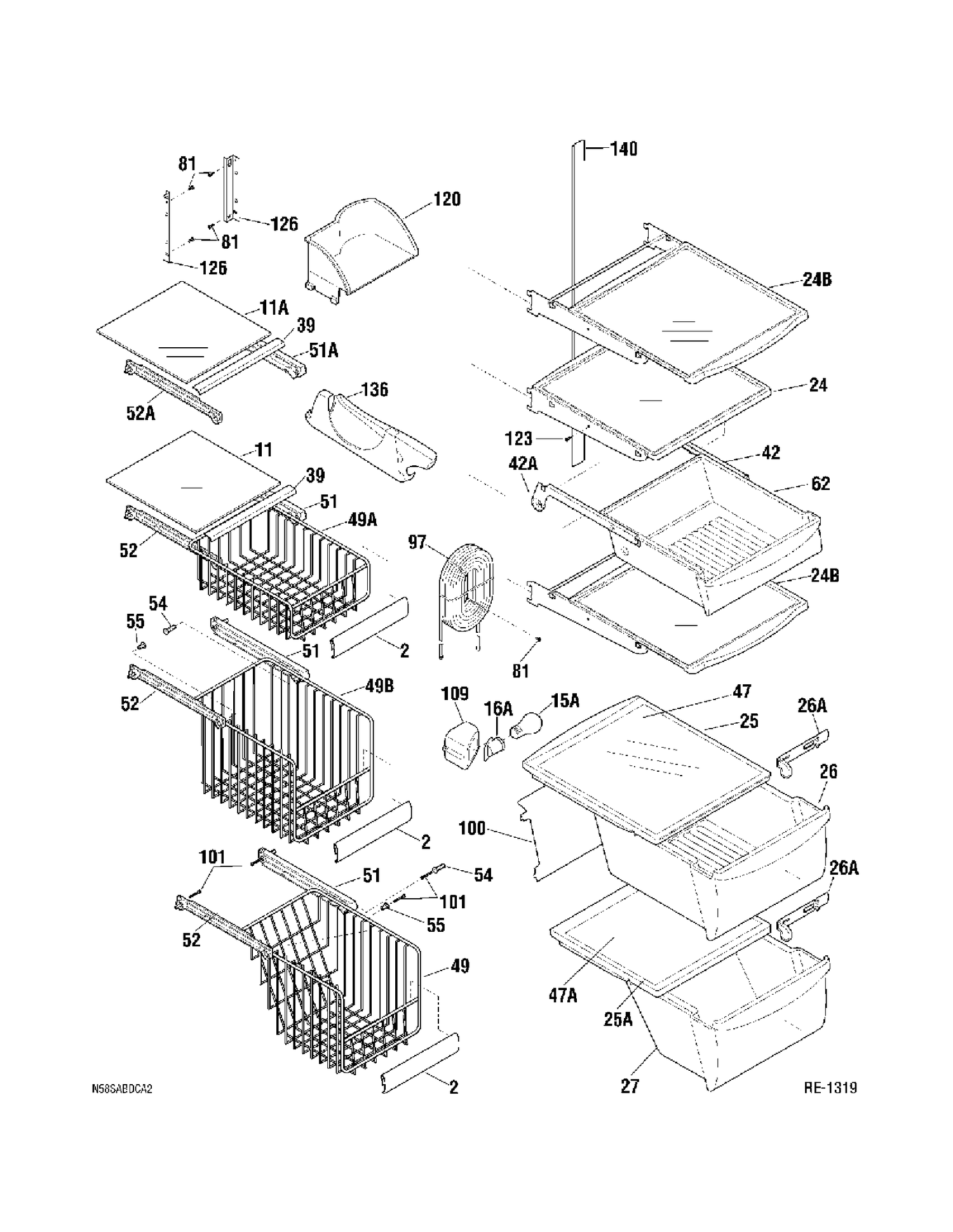 SHELVES Diagram and Parts List for 34221-4  General Electric Refrigerator