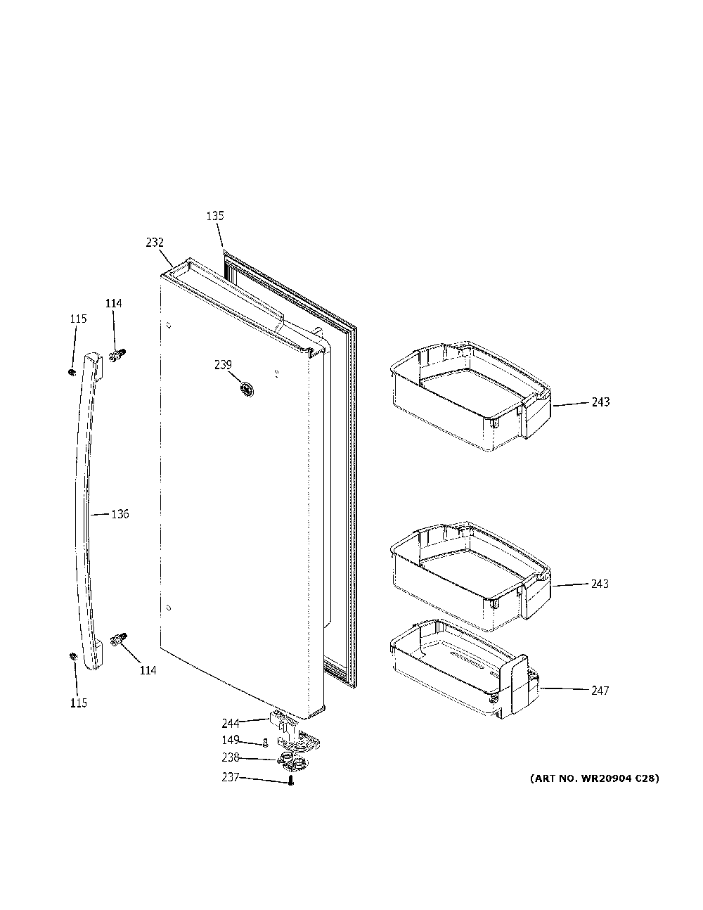 Fresh food door - rh Diagram and Parts List for DFE28JSKMSS  General Electric Refrigerator
