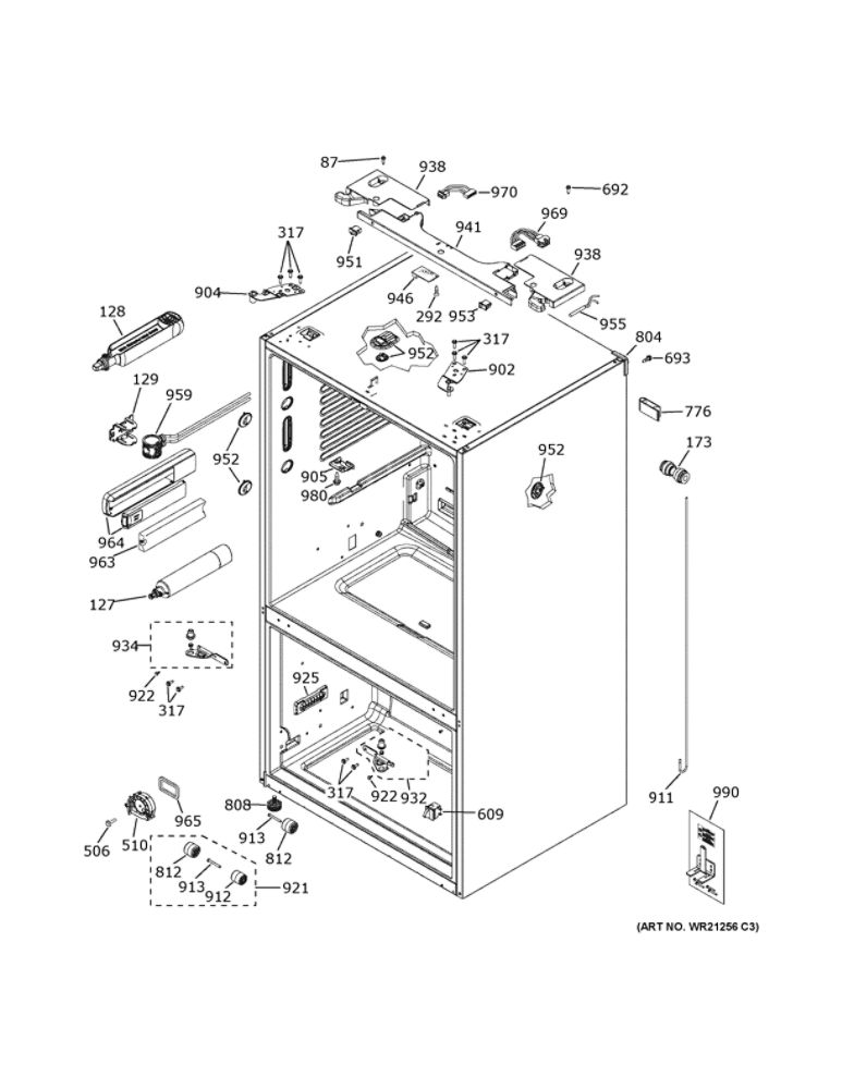 Case Parts Diagram and Parts List for GYE22GENIDS  General Electric Refrigerator