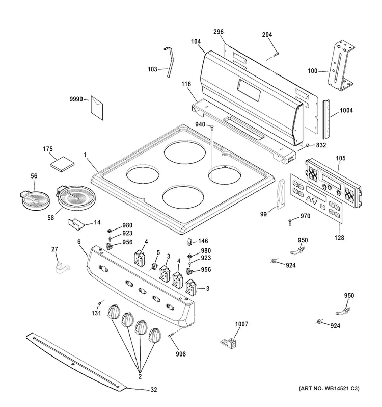 Control Panel & Cooktop Diagram and Parts List for JA624RN1SS  General Electric Range