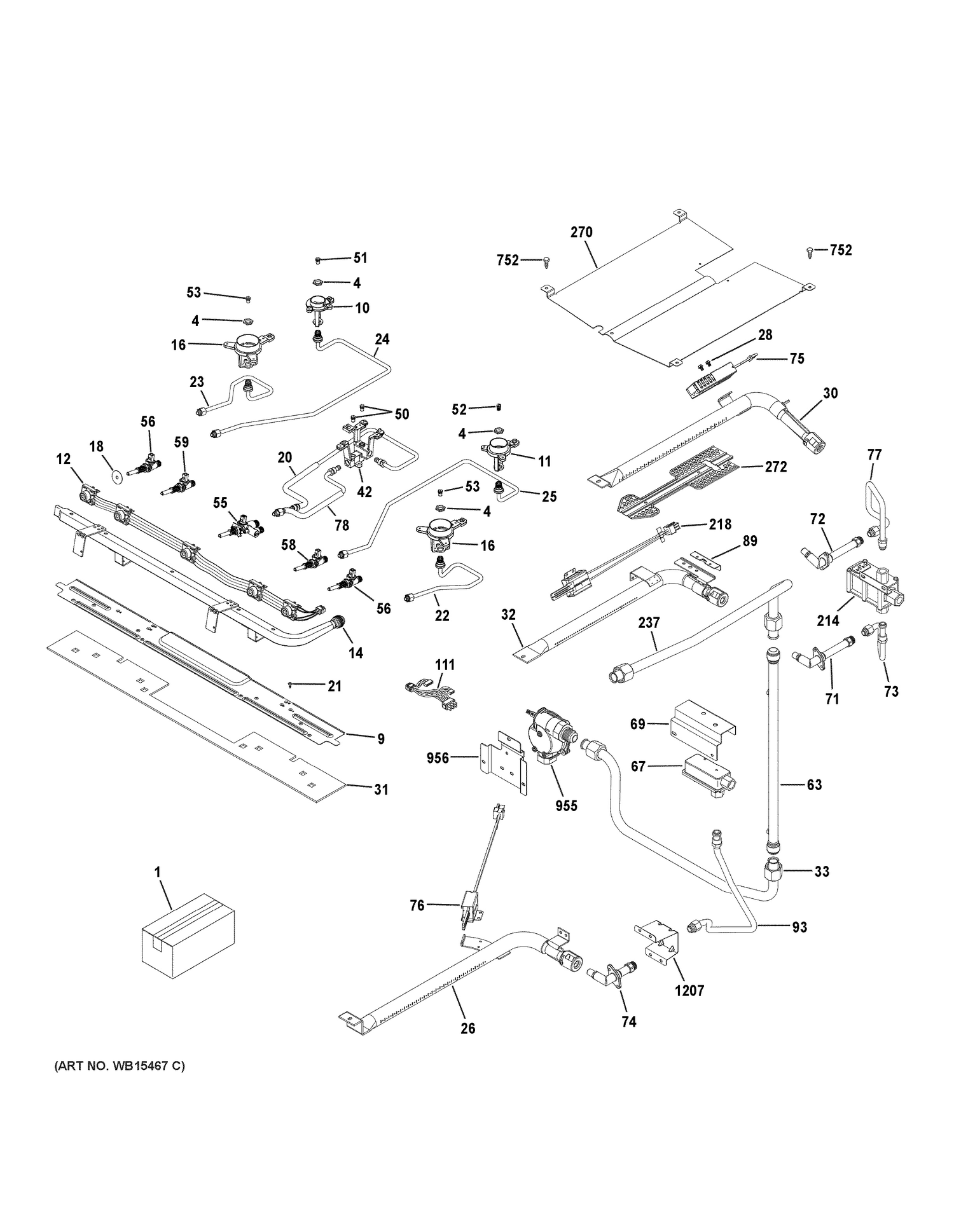 GAS & BURNER PARTS Diagram and Parts List for PGB960BEJ1TS  General Electric Range