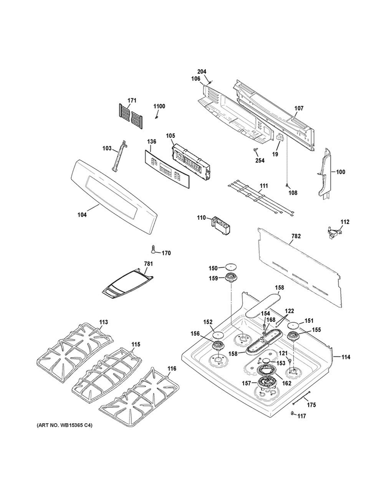 Control Panel & Cooktop Diagram and Parts List for P2B940SEF1SS  General Electric Range