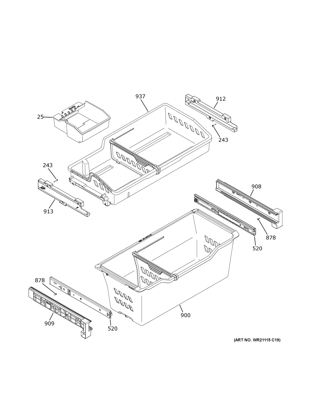 Freezer Shelves Diagram and Parts List for GWE22JYMBFFS  General Electric Refrigerator