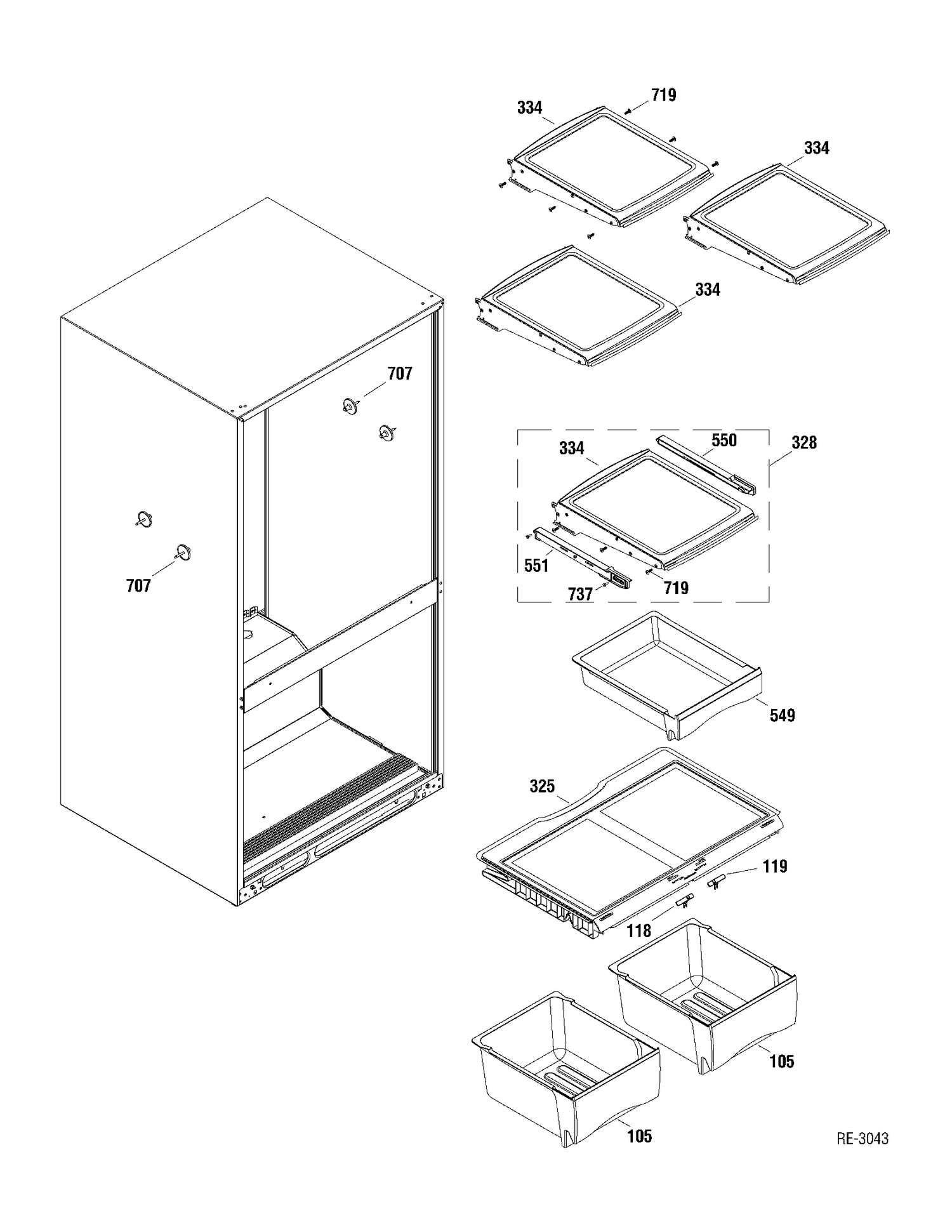 FF SHELVES Diagram and Parts List for GDRS0KBXARSS  General Electric Refrigerator
