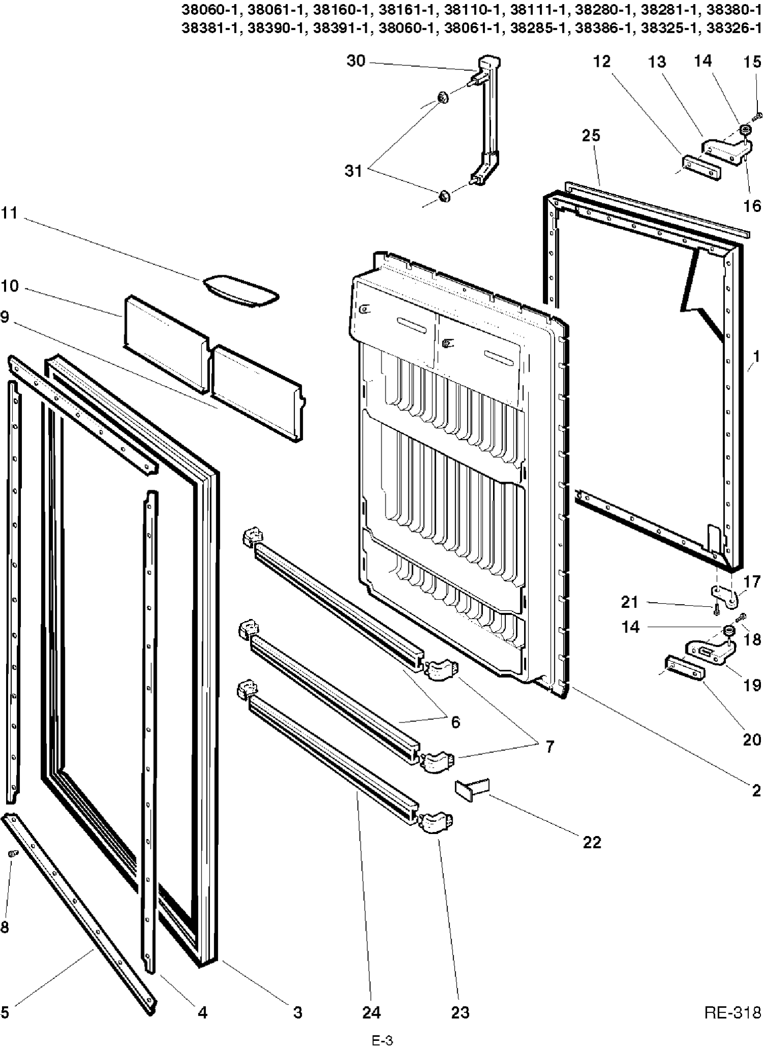 REFRIGERATOR DOOR Diagram and Parts List for 38141-5  General Electric Refrigerator