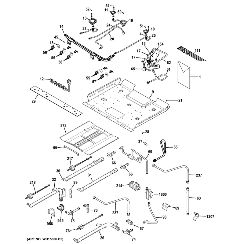 Gas & Burner Parts Diagram and Parts List for PGB950DEF2WW  General Electric Range