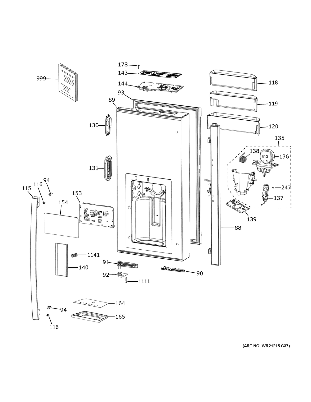 Dispenser Door Diagram and Parts List for PVD28BYNFFS  General Electric Refrigerator