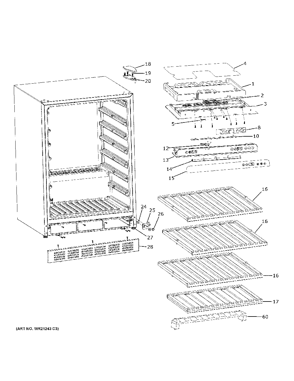 Cabinet And Shelves Diagram and Parts List for PVS06BSPCSS  General Electric Refrigerator